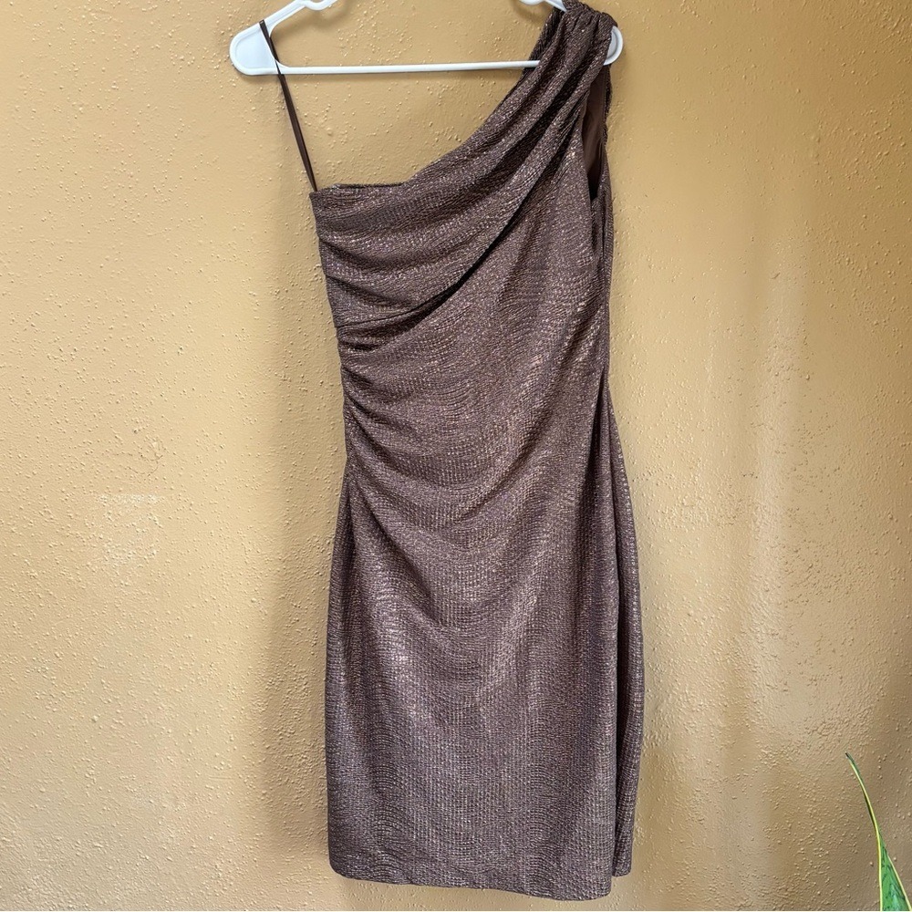 Lauren Ralph Lauren Metallic Bronze One Shoulder Ruched Cocktail Dress 6P - Picture 6 of 8